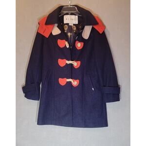 Kling Spain Navy Blue Red Wool Blend Toggle Removable Hood Coat Large